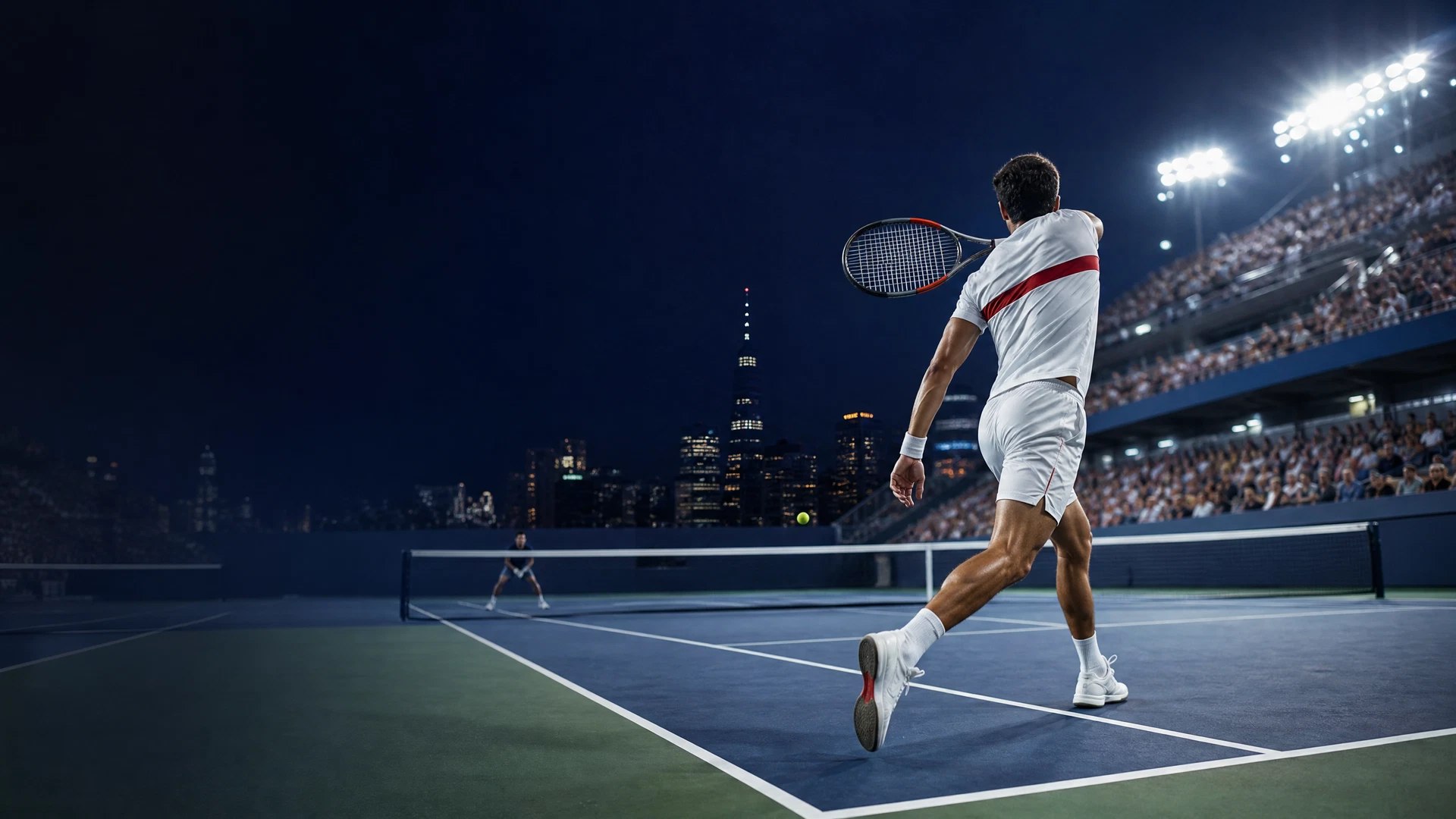 Editorial hard-court tennis scene for Carlos Alcaraz versus Ben Shelton US Open match context