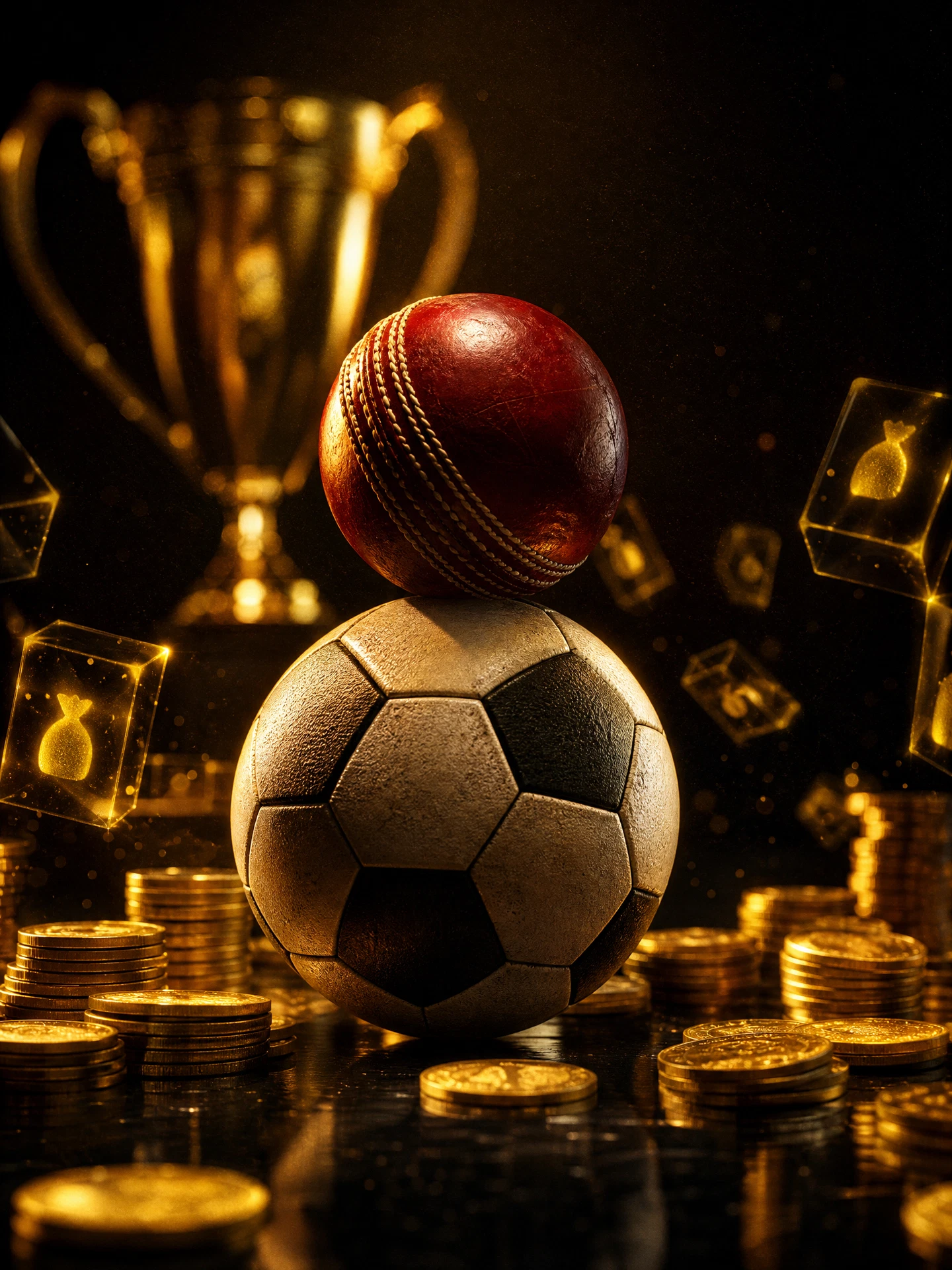 Cricket ball and football surrounded by golden coins and a trophy — prize pool comparison