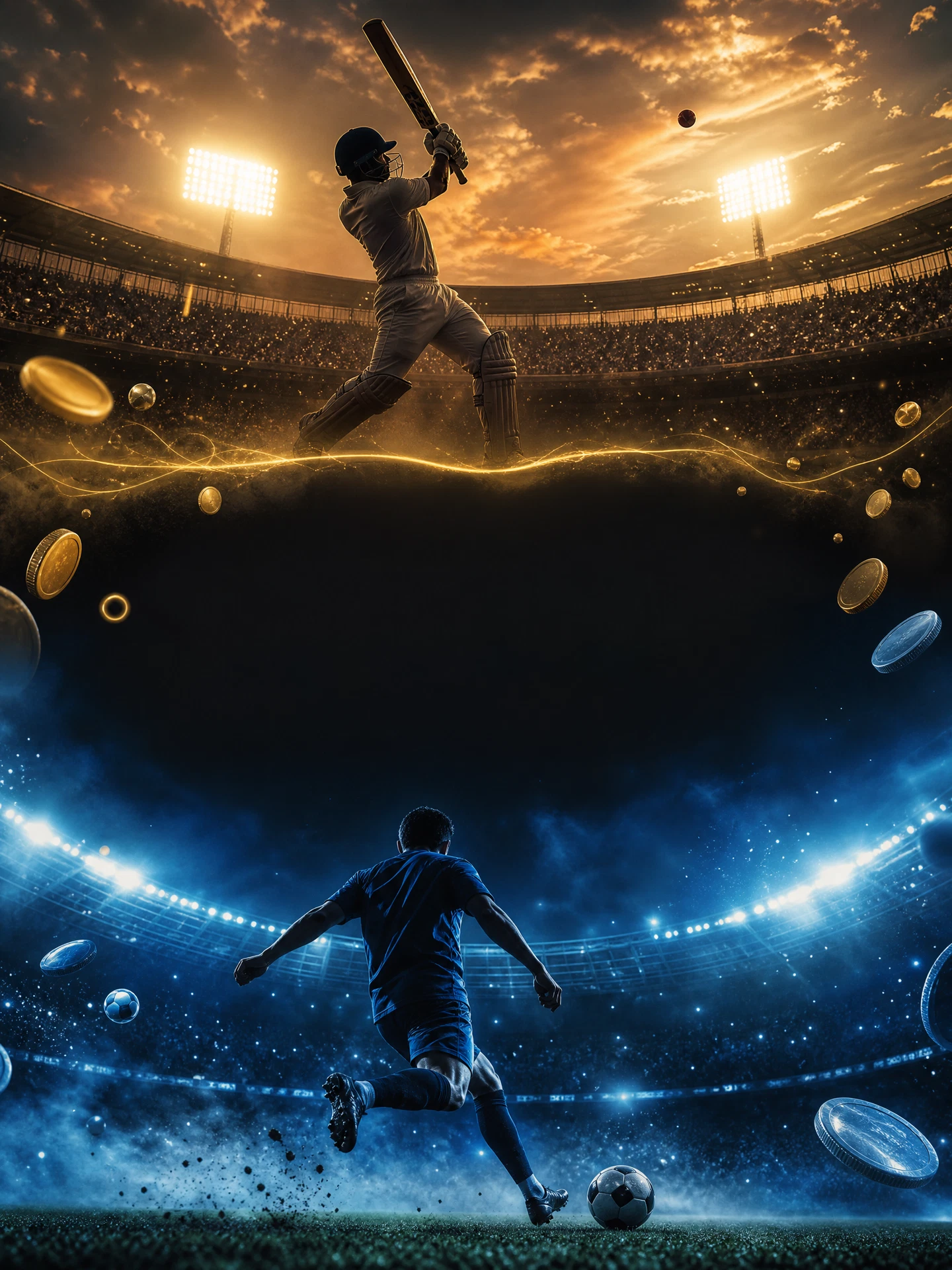 Cricket stadium and football stadium side by side under floodlights — fantasy cricket vs fantasy football comparison