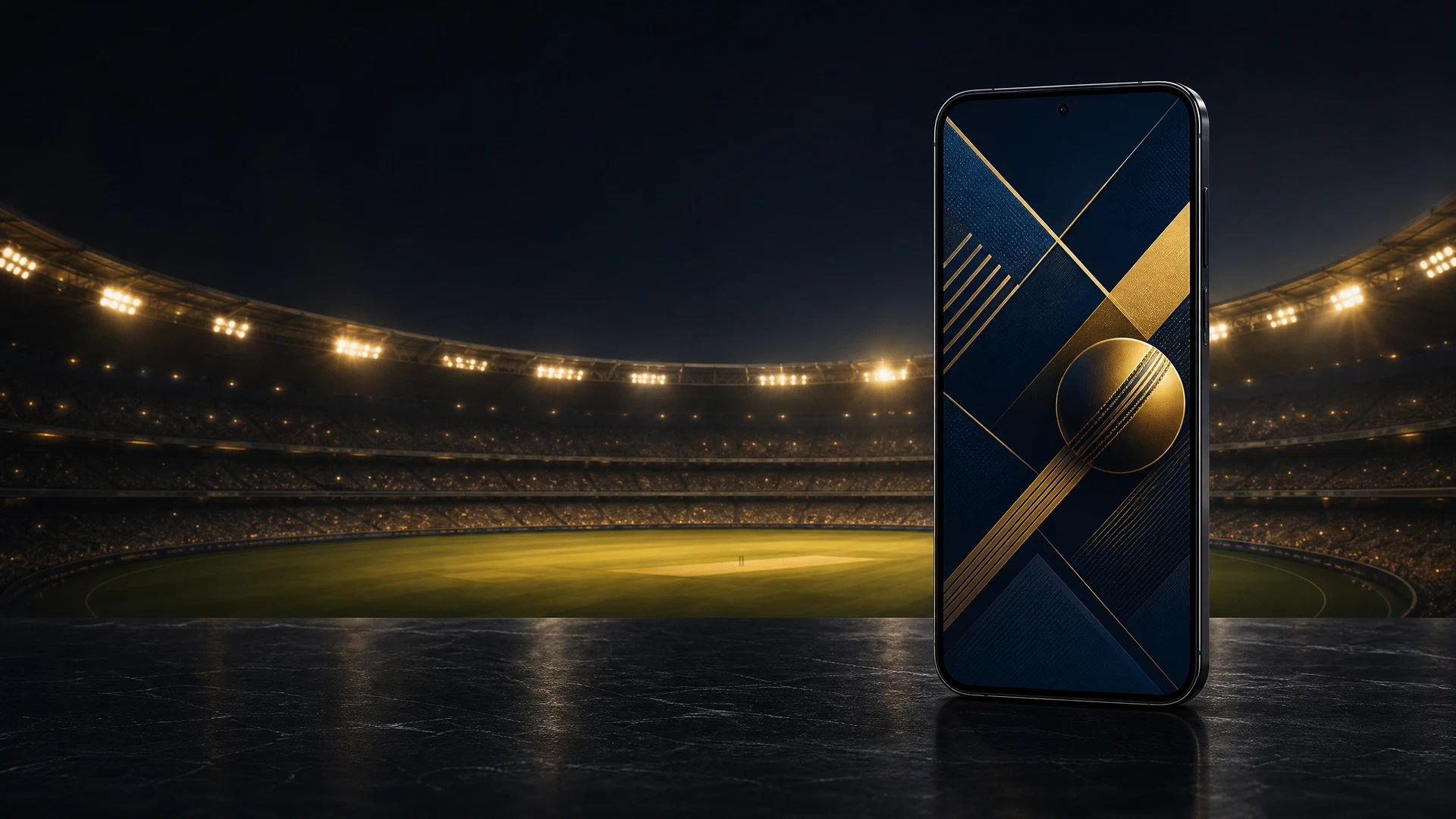 Unbranded phone and cricket stadium for the FairPlay App guide