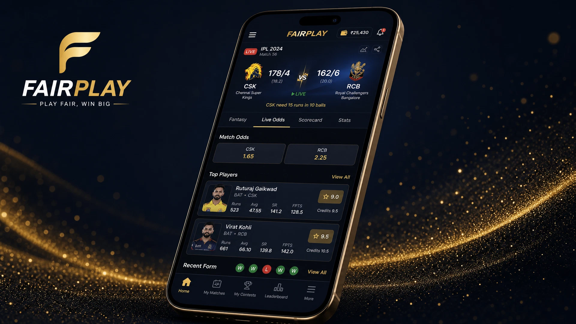FairPlay app interface on smartphone showing live cricket betting