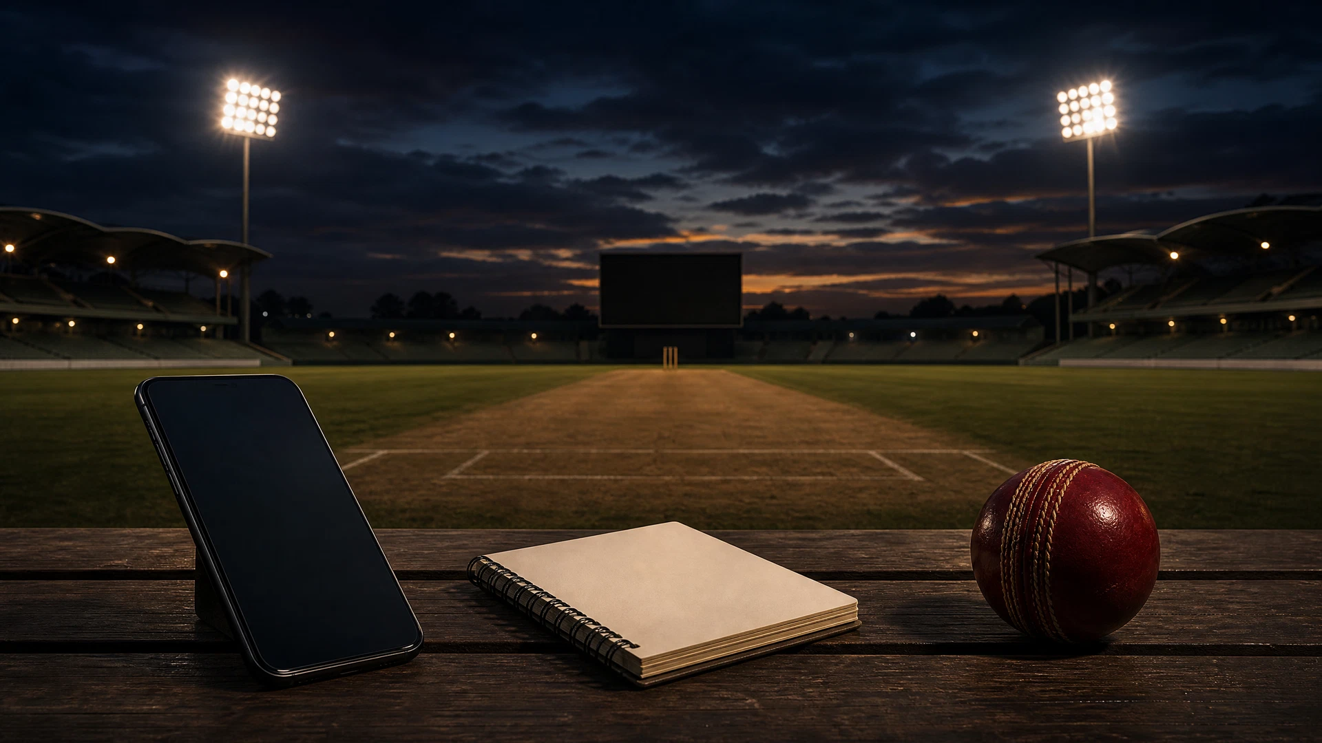 Phone, notebook, and cricket ball for FairPlay Cricket Predictions