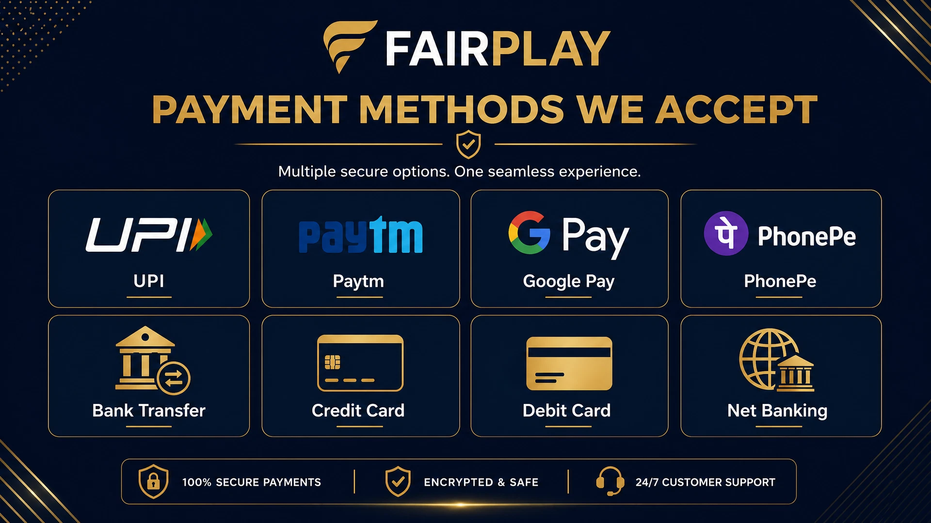 FairPlay payment methods including UPI, Paytm, Google Pay, and bank transfer