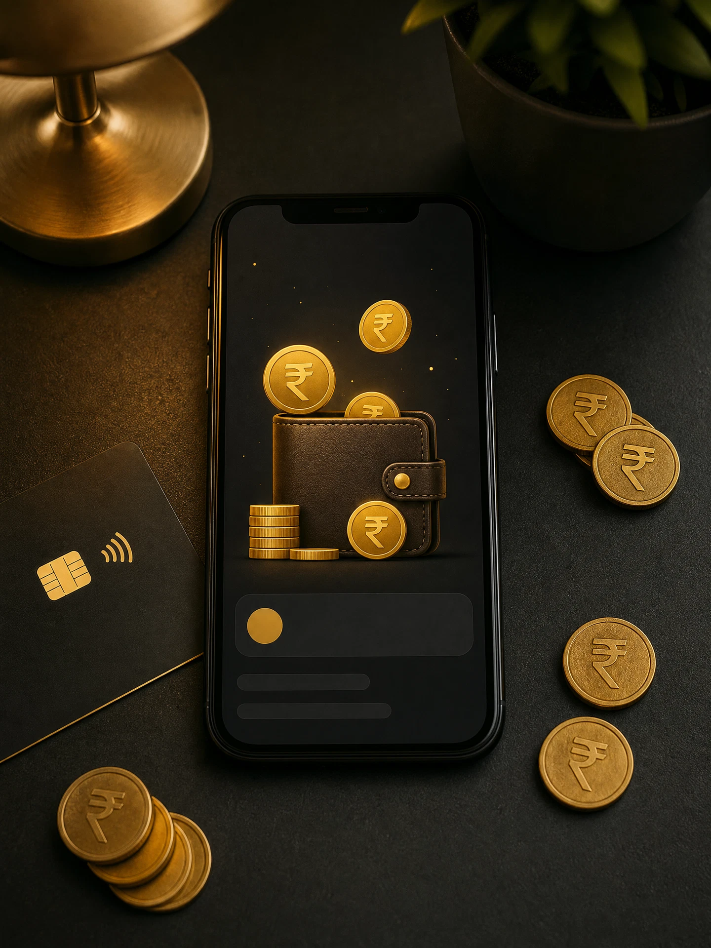 Smartphone wallet screen with rupee coins, a card, and a QR code standee on a dark desk