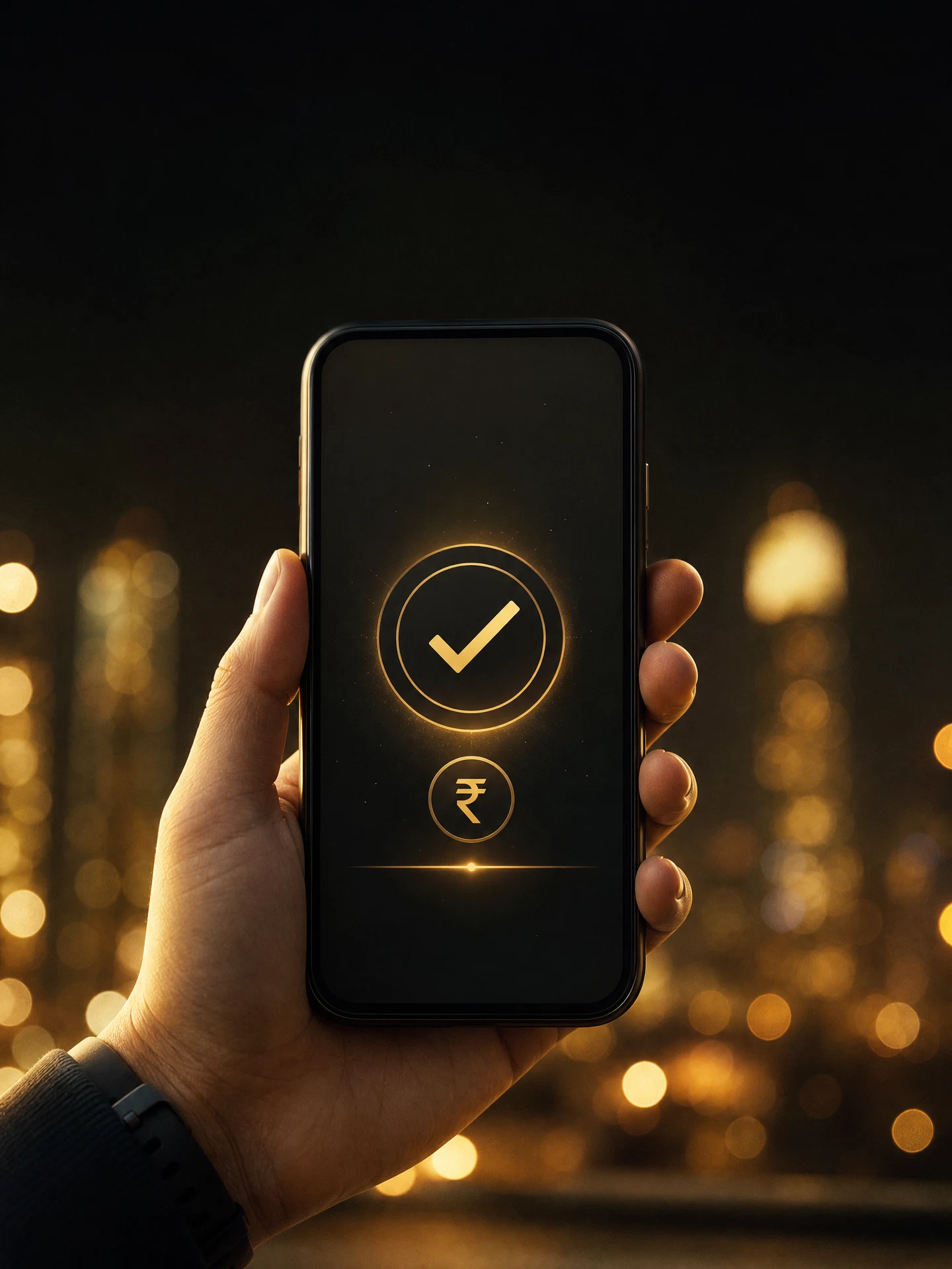 Hand holding a smartphone showing a UPI payment confirmation with a golden checkmark