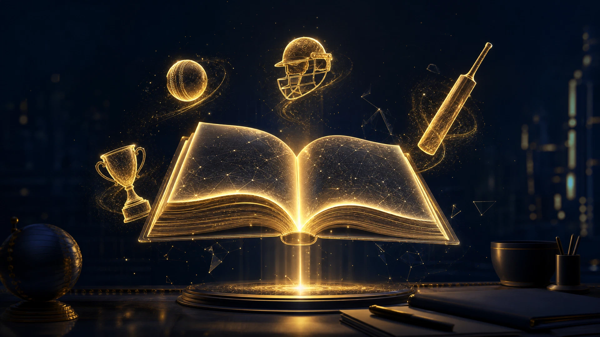 Glowing open book with floating golden cricket icons on a dark desk