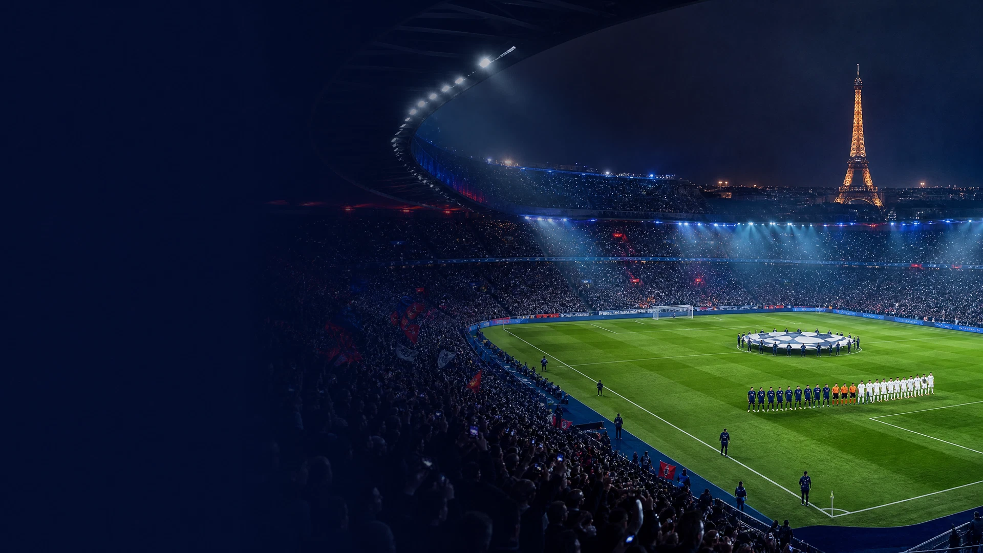 Editorial Paris night stadium scene for PSG versus Slovan Bratislava match context