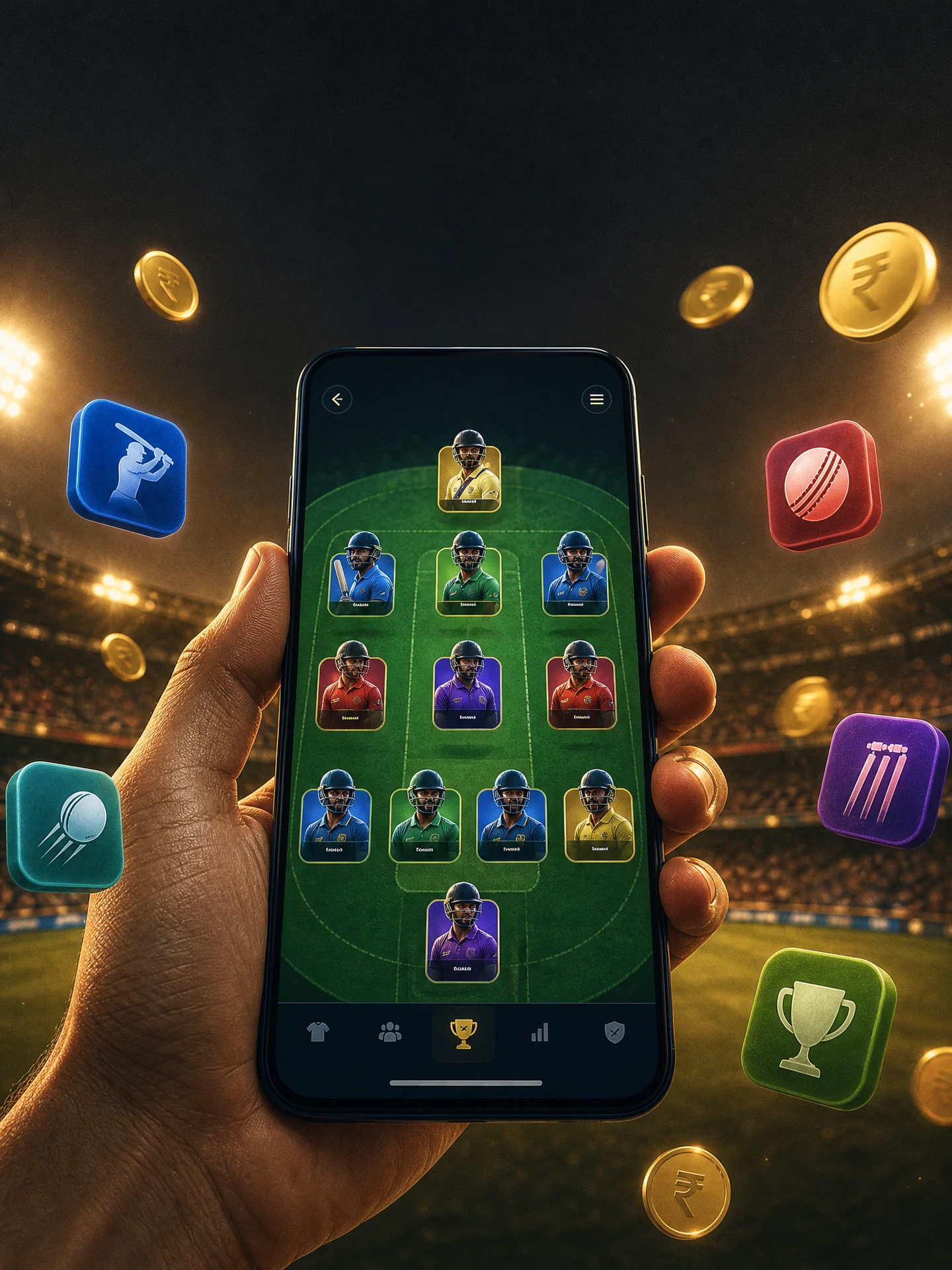 Smartphone showing a fantasy cricket team selection screen with a stadium in the background